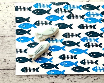Fish & fish bone rubber stamp set, Hand carved stamps by talktothesun