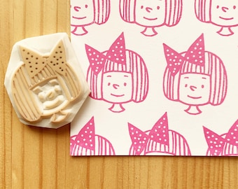 Girl rubber stamp, Hand carved stamp by talktothesun, Best friend gift