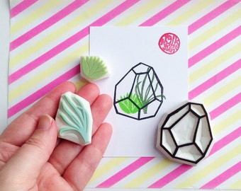 Terrarium rubber stamp, Succulent & air plant stamps, Hand carved stamps by talktothesun