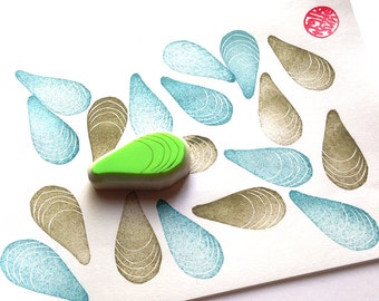 Blue mussel shell rubber stamp, Hand carved stamp by talktothesun, Gift for crafter