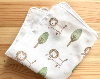 Happy lion handkerchief, Children cotton hankie, Hand printed textile by talktothesun