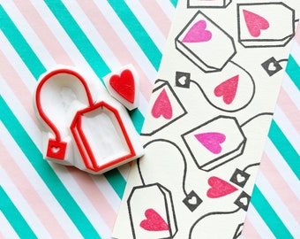 Tea bag rubber stamp, Heart stamp, Hand carved stamps, Tea lover gift