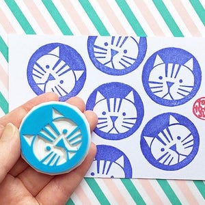 Tabby cat rubber stamp, Cute animal stamp, Hand carved stamp, Craft gift for kids