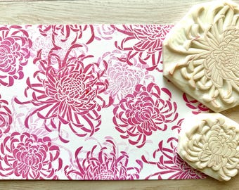 Hand Carved Chrysanthemum Flower Rubber Stamp Set: Japanese Botanical Design