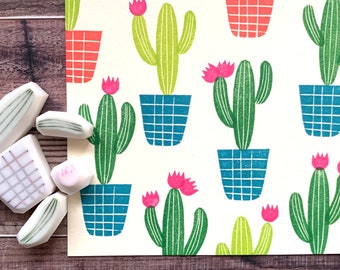 Cactus rubber stamp set, Houseplant stamp, Hand carved stamps by talktothesun