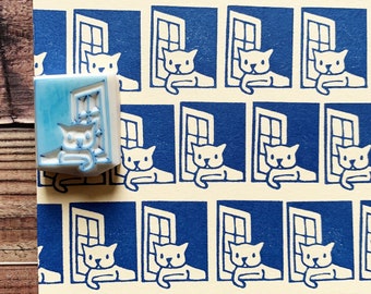 Cat by the window rubber stamp, Hand carved stamp, Cat lover gift