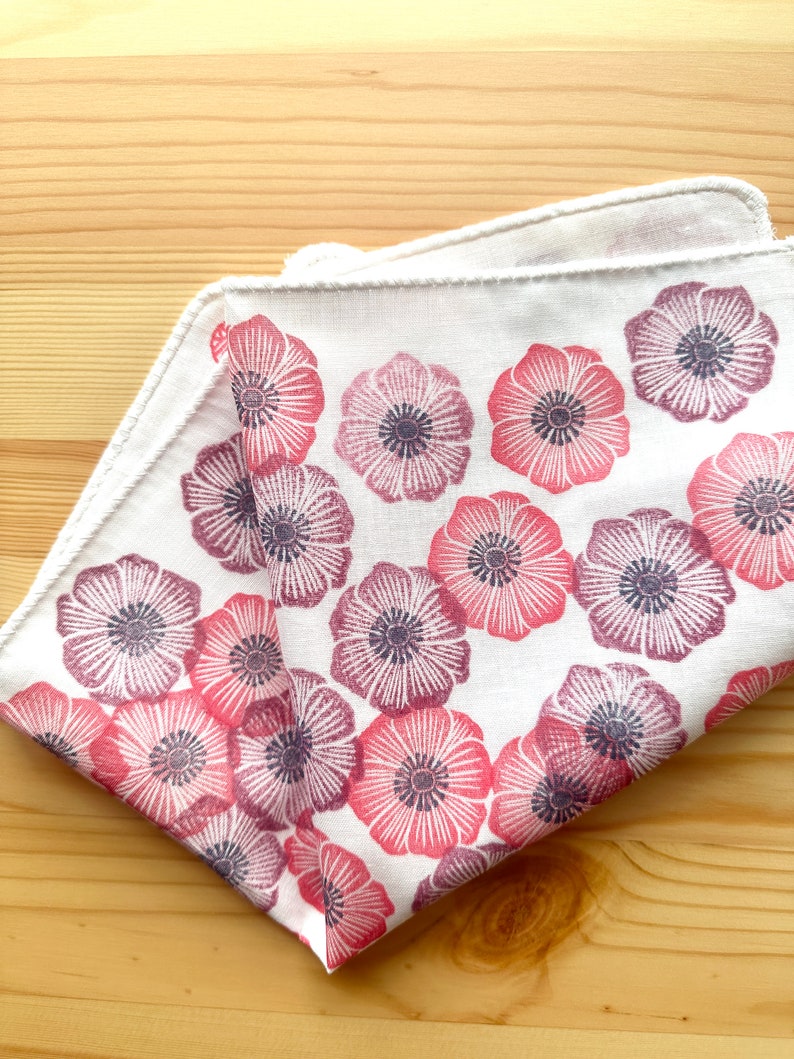 Anemone flower handkerchief, Ladies cotton hankie, Japanese hand towel, Eco friendly gift image 1