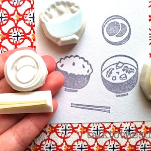 Japanisches Essen Stempel Set, Reisgurke Stäbchen & Miso-Suppe, Handgeschnitzte Stempel