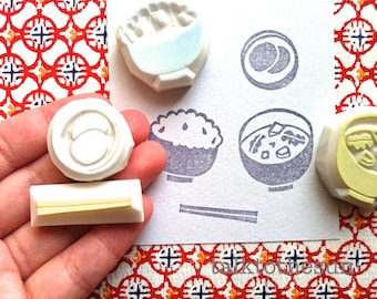 Japanese food rubber stamps, Rice pickle chopsticks & miso soup stamps, Hand carved stamps