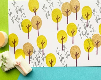 forest rubber stamp set | bird & tree | woodland landscape stamp | hand carved stamps for card making crafting journaling | craft gift