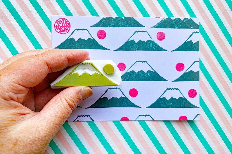Mt Fuji Rubber Stamp Japanese Mountain & Moon Stamp Hand Etsy