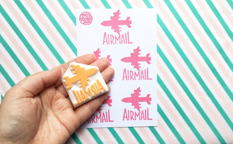 Airmail rubber stamp, Snail mail stamp, Hand carved stamp by talktothesun, Pen pal gift image 2