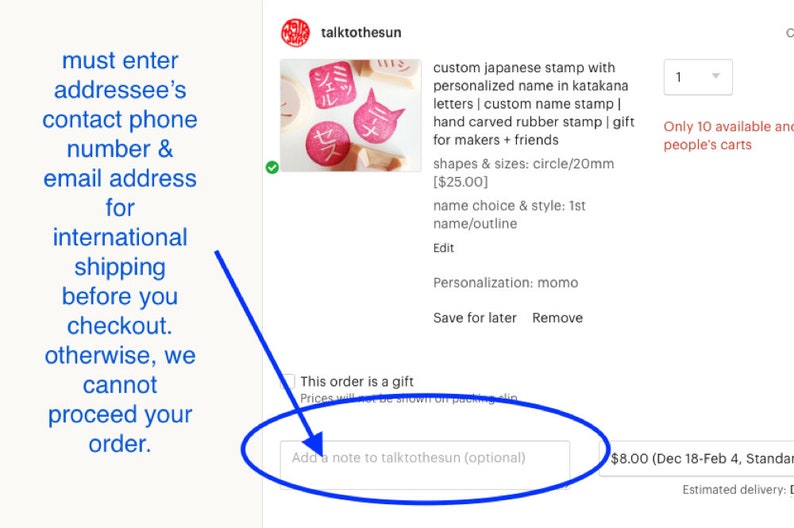 K&ouml;nnte beinhalten: Ein wei&szlig;es Textfeld mit den Worten "Add a note to talktothesun (optional)" auf einem hellgrauen Hintergrund. Das Textfeld dient zum Hinzuf&uuml;gen einer personalisierten Nachricht an den Verk&auml;ufer.