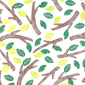 A sample image of nature-inspired pattern design using hand carved rubber stamps available in the shop. Twigs and leaves are stamped in random directions in brown, green and yellow green.
