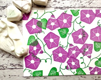 Morning glory rubber stamp set, Flower leaf & vine stamps, Hand carved stamps