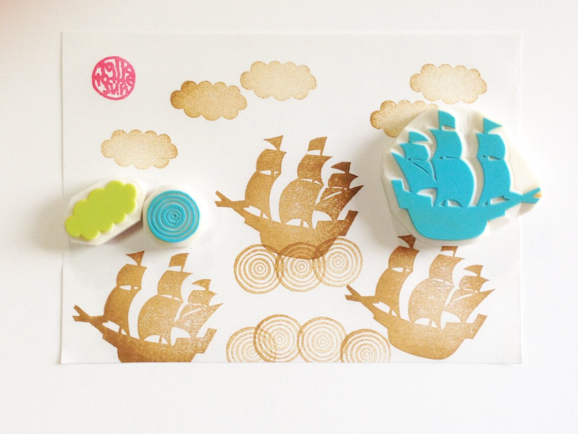 Pirate Ship Rubber Stamp Set Sailing Boat Cloud & Spiral Etsy