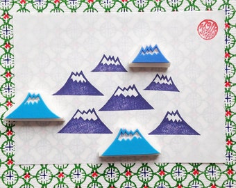 Snowy mountain rubber stamp set, Earth landscape stamp, Hand carved stamps