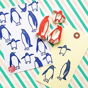 Penguin family rubber stamp set, Cute animal stamp, Hand carved stamps by talktothesun