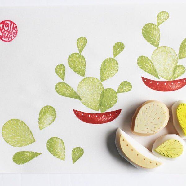 Cactus rubber stamp set, Cacti stamps, Hand carved stamps by talktothesun