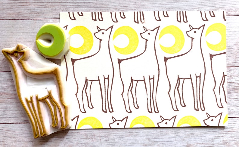 Woodland rubber stamp set, Deer & crescent moon stamps, Hand carved stamps, Gift for her image 2