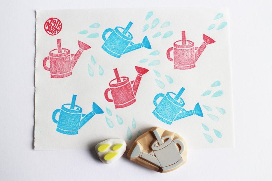 Watering can rubber stamp gardening tool stamp rain drop Etsy