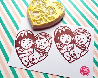 Dog lover rubber stamp, Boy girl dog & heart stamp, Hand carved stamp by talktothesun