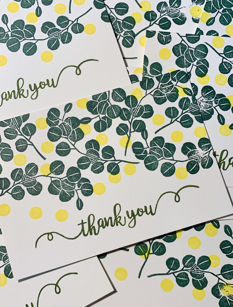 A sample image of handmade thank you cards created with hand carved rubber stamps available in the shop including circle stamp, eucalyptus stamp and thank you stamp.