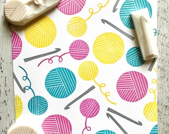 Hand Carved Crochet Rubber Stamp Set: Hook & Ball of Yarn Designs