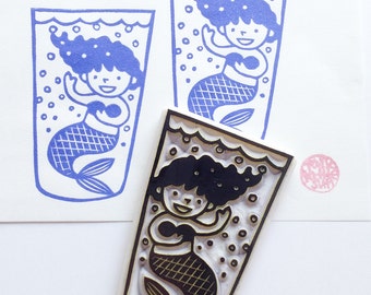 Mermaid rubber stamp, Fairy girl stamp, Hand carved stamp by talktothesun