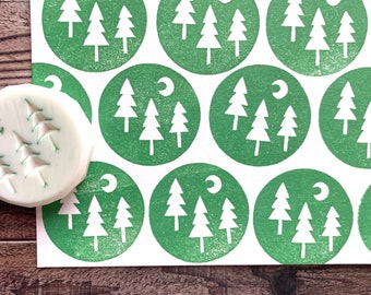 Forest rubber stamp, Fir tree & crescent moon stamp, Hand carved stamp by talktothesun