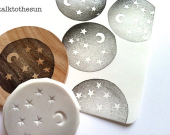 Night sky rubber stamp, Crescent moon & star stamp, Hand carved stamp by talktothesun