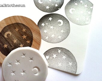 Night sky rubber stamp, Crescent moon & star stamp, Hand carved stamp by talktothesun