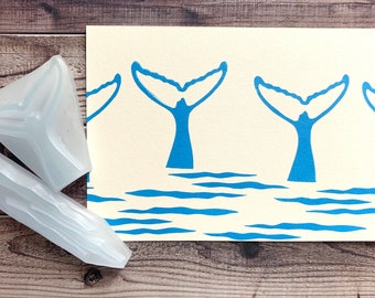 Whale rubber stamp set, whale tail & wave stamps, Hand carved stamps by talktothesun