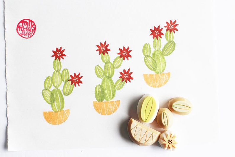 Cactus rubber stamp set, Cacti stamps, Hand carved stamps by talktothesun image 2