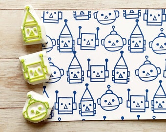 Retro toy robot rubber stamp set, Hand carved stamps by talktothesun, Best friend gift