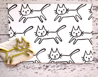 Running Cat Rubber Stamp | Hand Carved Stamp | Journaling & Card Making