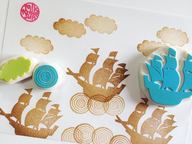 Pirate Ship Rubber Stamp Set Sailing Boat Cloud & Spiral Etsy