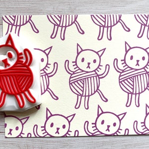 Funny cat in the yarn rubber stamp, Hand carved stamp by talktothesun, Cat lover gift