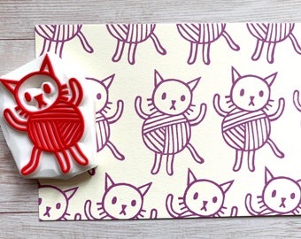 Funny cat in the yarn rubber stamp, Hand carved stamp by talktothesun, Cat lover gift