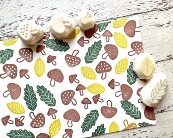 Mushroom & Leaf Rubber Stamp Set | Hand Carved Stamps | Style No.1