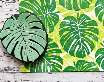 Carimbo de Borracha Folha de Monstera | Carimbo Entalhado à Mão | Desenho Botânico com Folhagem