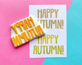 Happy autumn rubber stamp, Holiday stamp, Hand carved stamp by talktothesun