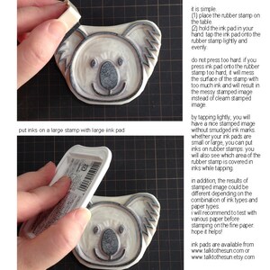 A sample image of instructions how to put inks evenly using small or large ink pads on hand carved rubber stamps. Each ink pad is held in the hand, hand carved stamps are placed on the table and tapping ink pad onto the stamps to put inks.