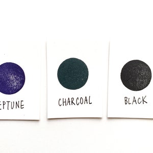 Puede incluir: Tres muestras de pintura en tarjetas blancas. Las muestras est&aacute;n etiquetadas como "Neptuno", "Carb&oacute;n vegetal" y "Negro". Las muestras son de color morado oscuro, verde oscuro y negro.