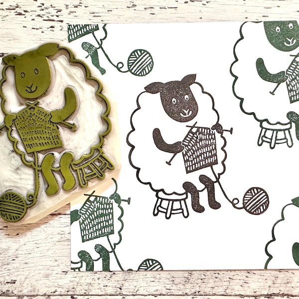Sello de goma con diseño de oveja tejiendo / Sello tallado a mano / Diseño de animales de granja