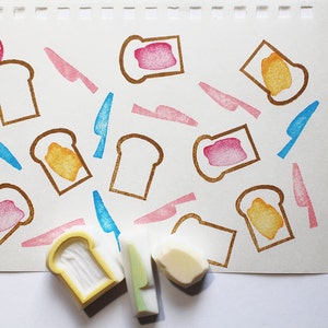 Toast rubber stamp set, Bread jam & knife stamps, Hand carved stamps by talktothesun image 3