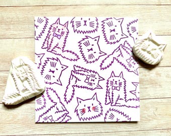 Hand Carved Cat Rubber Stamp Set: Norwegian Forest Cat Design