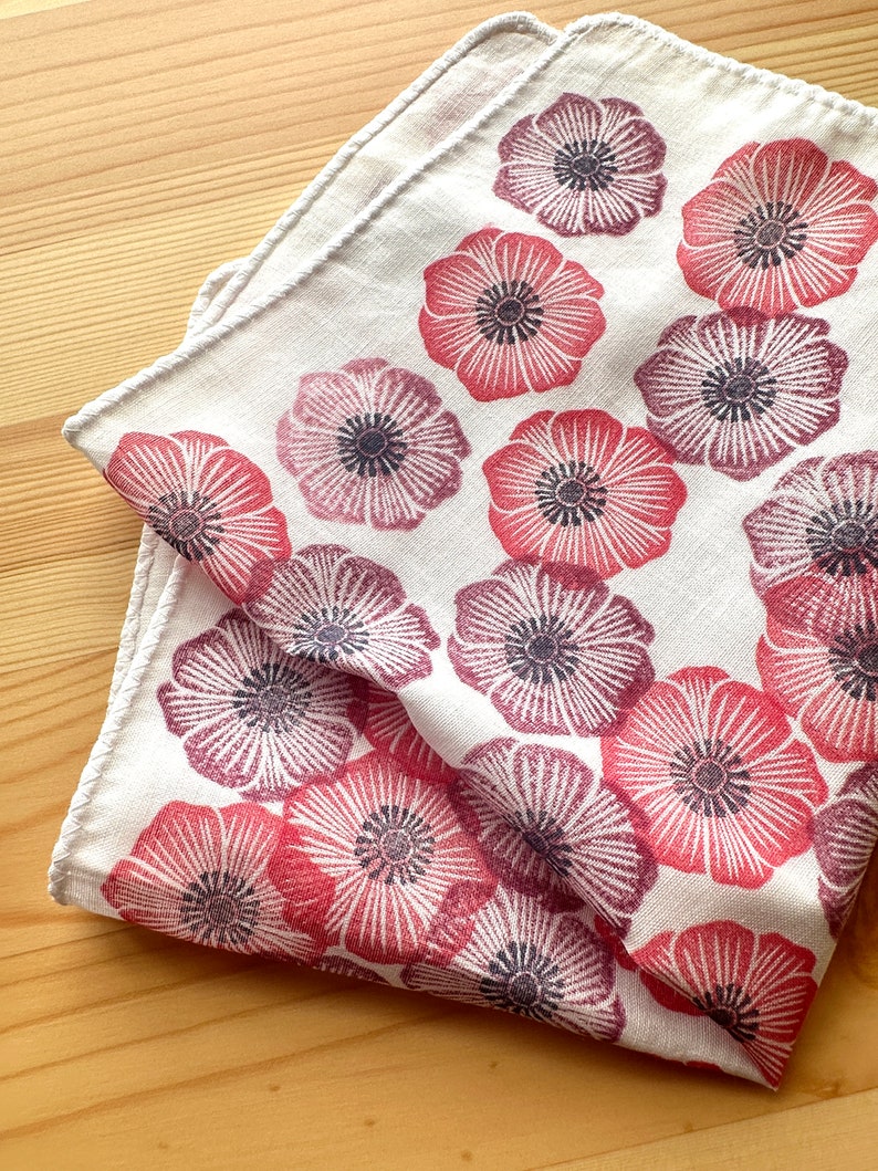 Anemone flower handkerchief, Ladies cotton hankie, Japanese hand towel, Eco friendly gift image 3