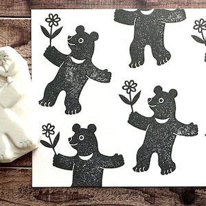 Black bear rubber stamp, Woodland animal stamp for journaling, Hand carved stamp