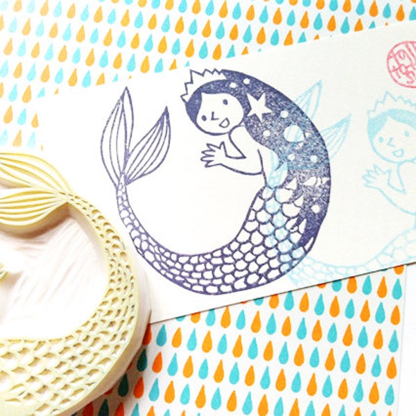 Mermaid rubber stamp, Fairy princess stamp, Hand carved stamp by talktothesun